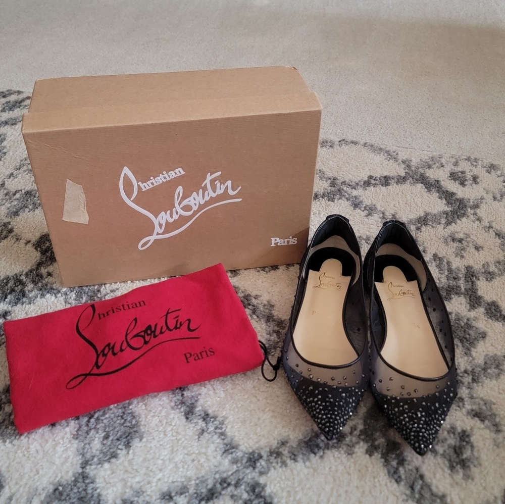 Christian Louboutin Black Follies Strass Red Bottom Swarovski Crystal Flats